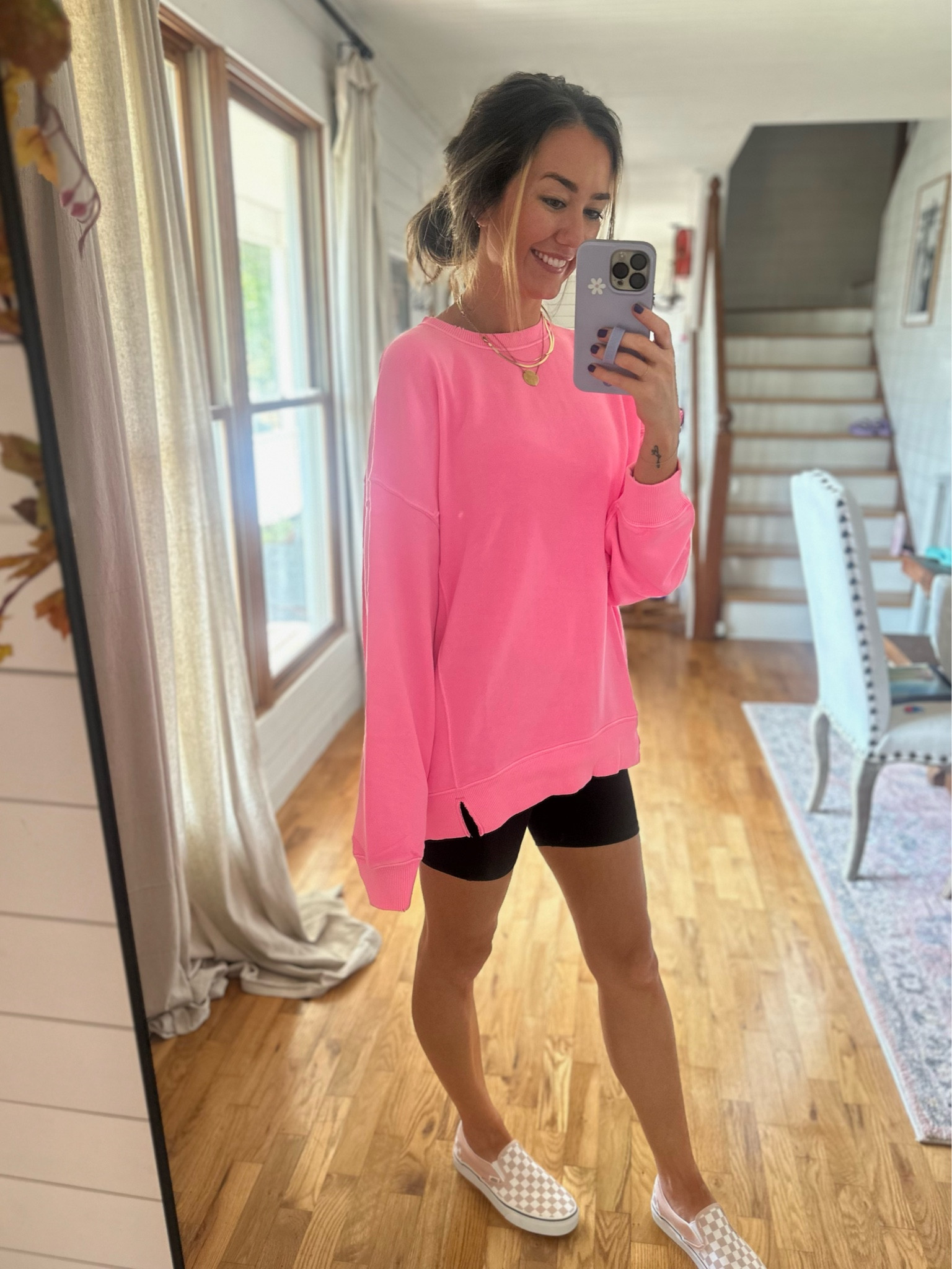 Omg this pink highlighter sweatshirt is so freakin cute. Wearing a small! Made oversized. 30% off. Fall outfit, Amazon biker shorts, vans 

#LTKsalealert #LTKshoecrush #LTKfindsunder50