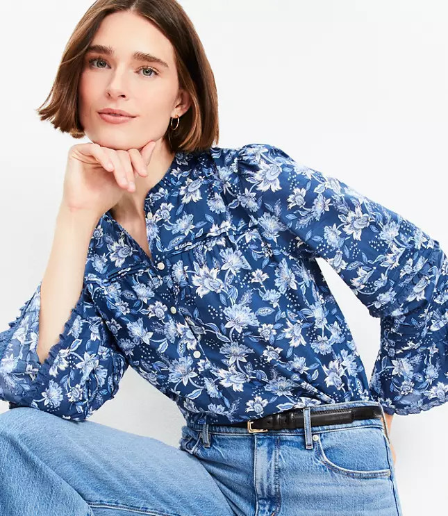 Floral Lace Trim Embroidered Pleated Top | LOFT