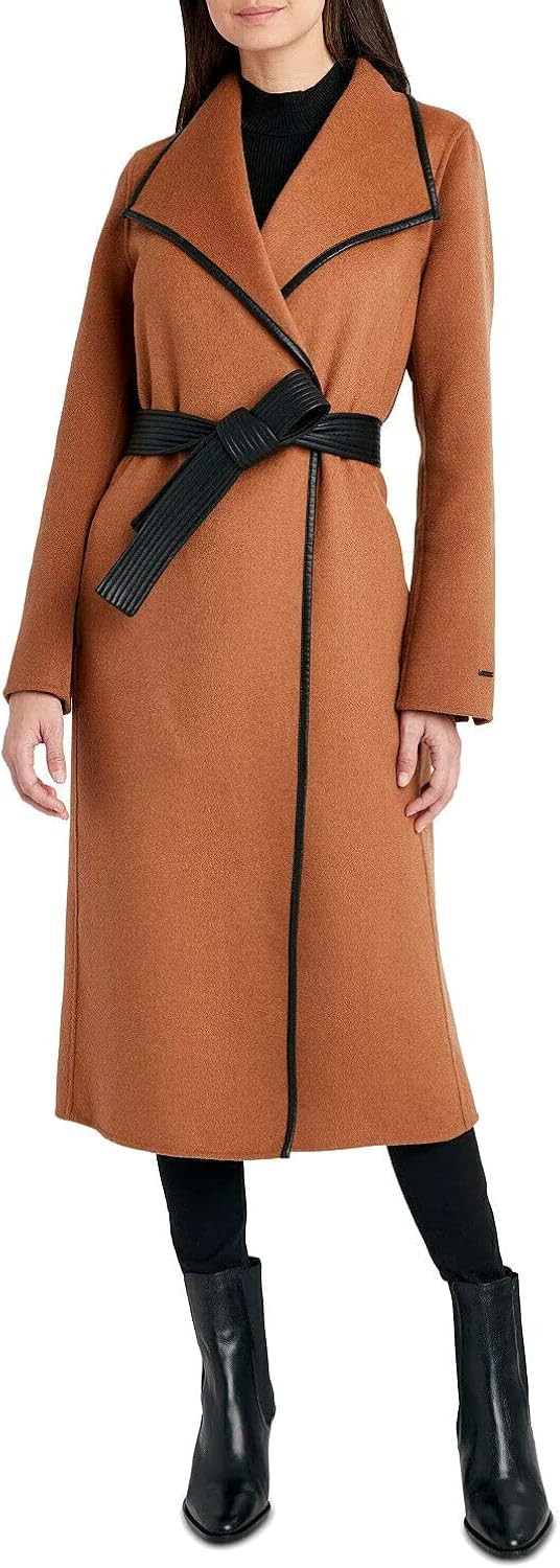 Tahari Women's Black Juliette Double Face Wool Belted Coat with Faux Leather Trim Caramel | Amazon (US)