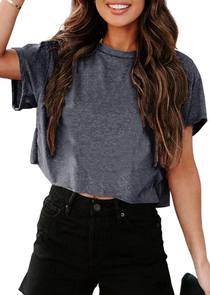 UNCLECAT Women's Cropped T Shirts Trendy Short Sleeve Crew Neck Crop Tops Solid Basic Tee | Amazon (US)