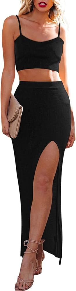 Cutiefox Women's Knit 2 Piece Dress Cami Crop Top High Side Slit Bodycon Long Skirt Set | Amazon (US)