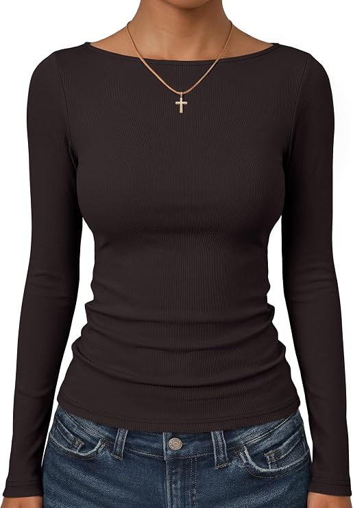 ANRABESS Womens Boat Neck Long Sleeve Thermal Shirts | Comfy Soft Warm Fleece Tops Slim Fit Basic... | Amazon (US)