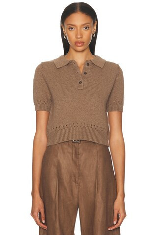 MATTHEW BRUCH Eyelet Trim Knit Polo Top in Brown | FWRD 