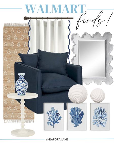 Walmart coastal decor finds! 

Coastal home decor, navy blue upholstered chair, jute runner, scalloped curtains, white mirror, coastal mirror, side table, martini table, bookshelf styling, blue and white decor



#LTKsalealert #LTKhome #LTKfindsunder100