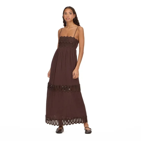 Forever 21 Women’s Maxi Dress with Lace Yoke Detail, Sleeveless Tiered Flowy Long Dress for Vac... | Walmart (US)