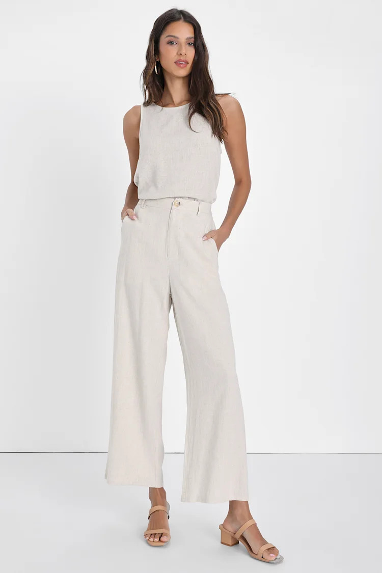 Stylish Ease Beige Linen High-Rise Wide-Leg Trouser Pants | Lulus