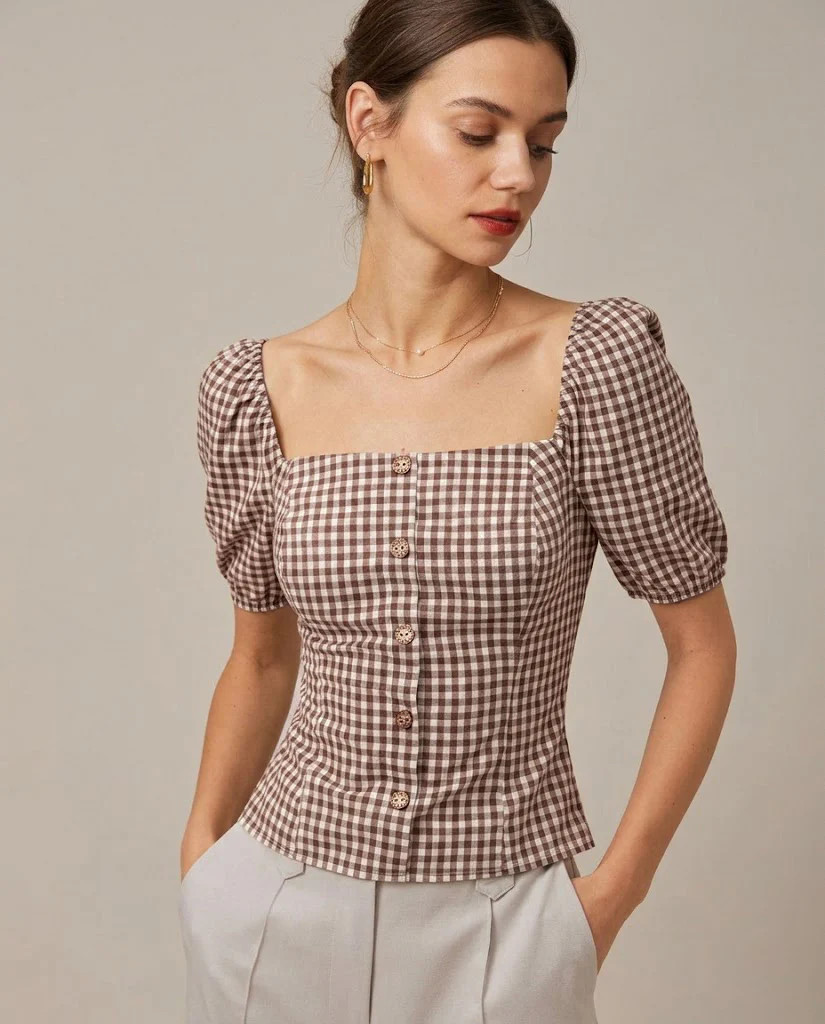 Brown Square Neck Puffed Sleeve Plaid Blouse | rihoas.com