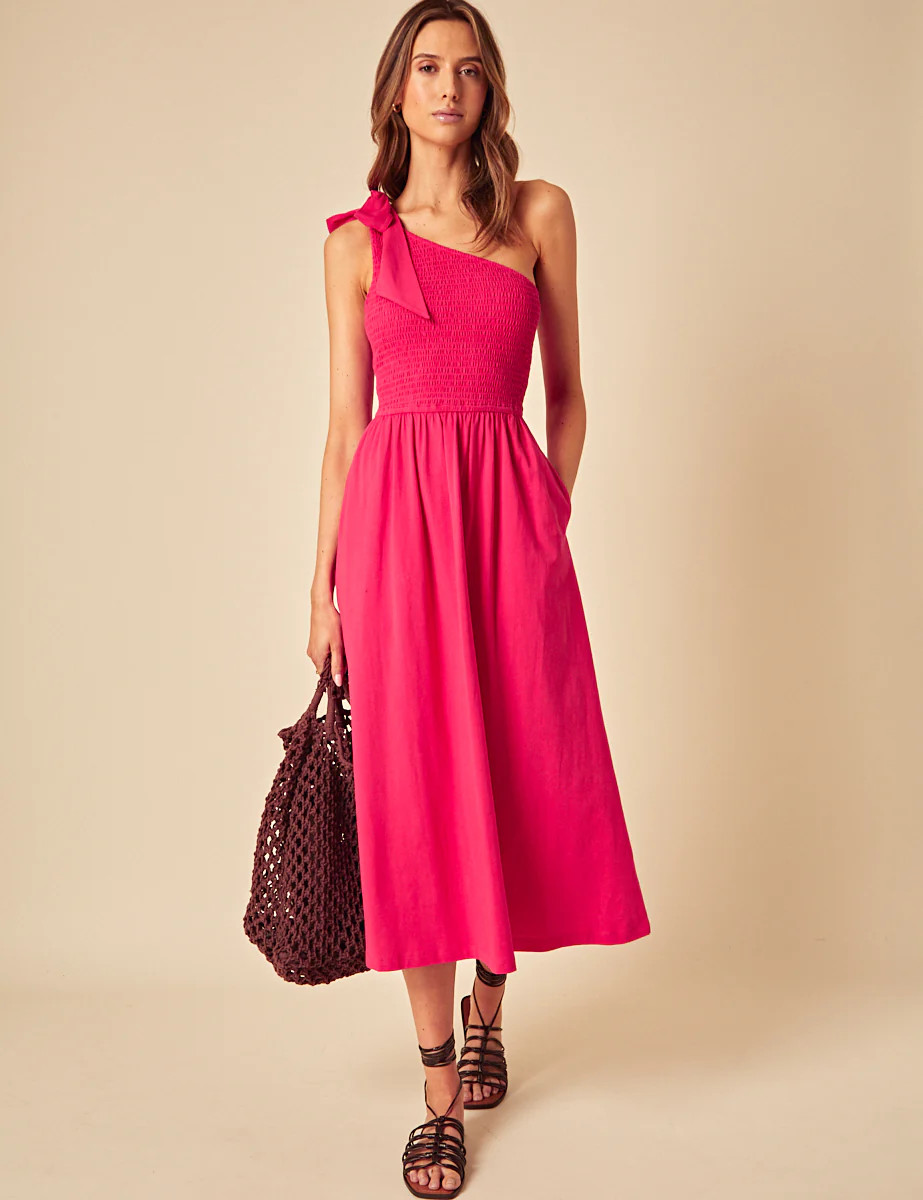 Pink One Shoulder Shirred Midi Dress | Nobody's Child