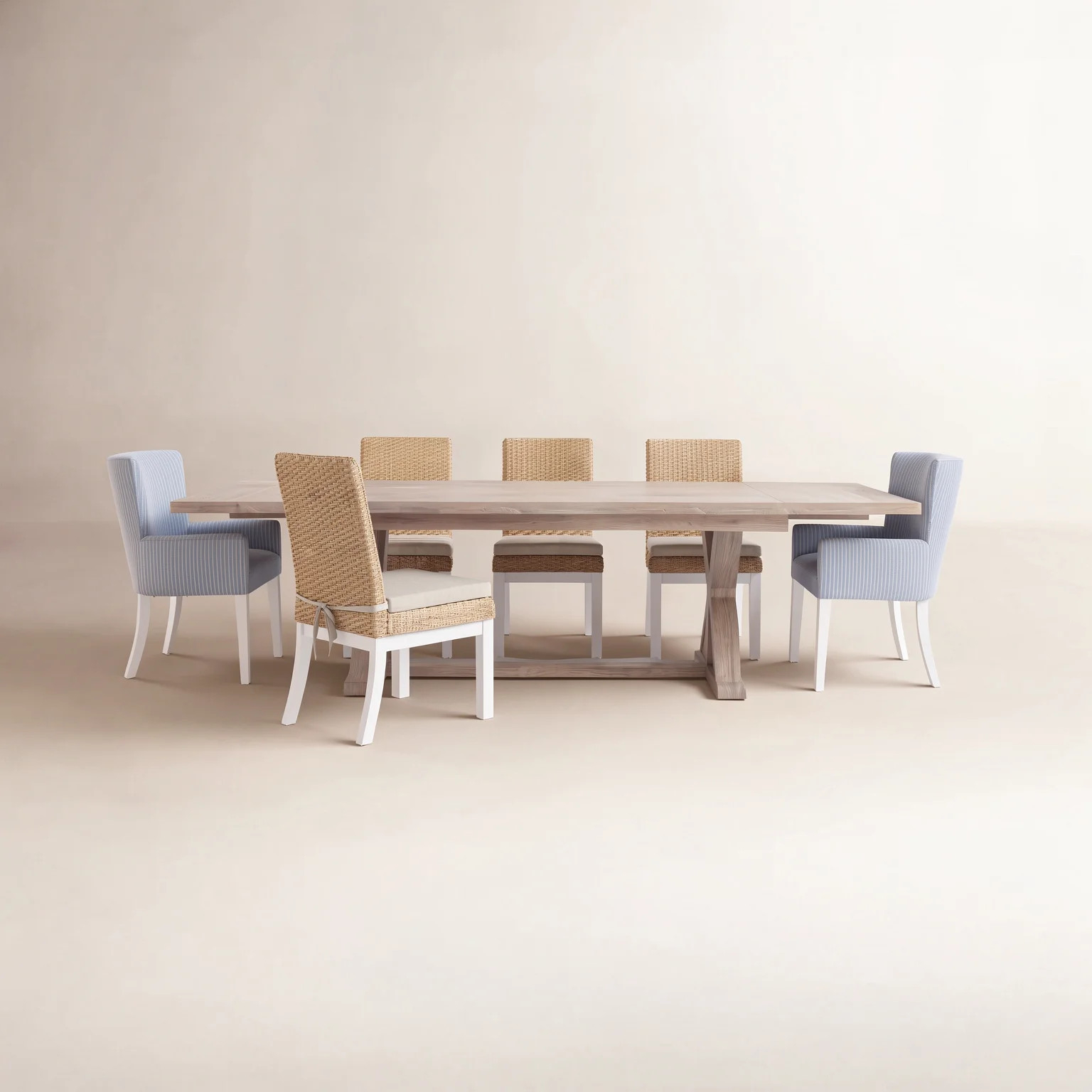 Lana Trestle Dining Table Set With Armchairs And Woven Chairs | Birch Lane