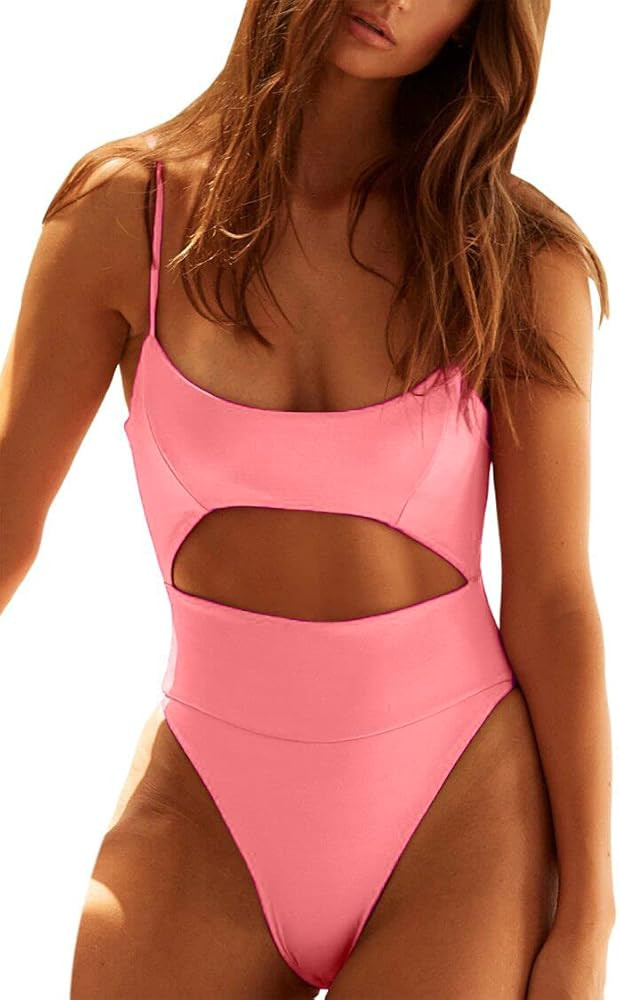 QINSEN Womens Scoop Neck Cutout Front Ruched Back High Cut Monokini One Piece Swimsuit | Amazon (US)