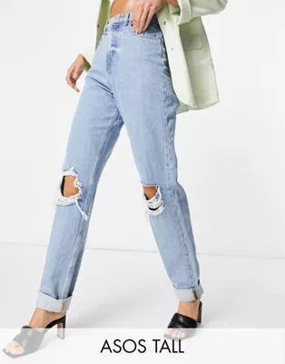 ASOS DESIGN Tall recycled high rise 'slouchy' mom jeans with rips in lightwash | ASOS (Global)