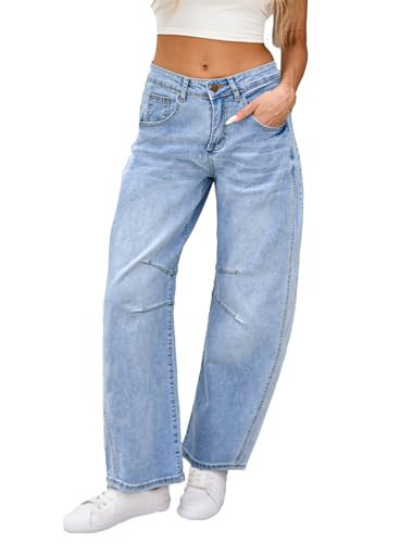Barrel Jeans for Women Wide Leg Mid Rise Cropped Denim Pants Y2k Baggy Boyfriend Jeans with Pockets Light Blue Medium | Amazon (US)