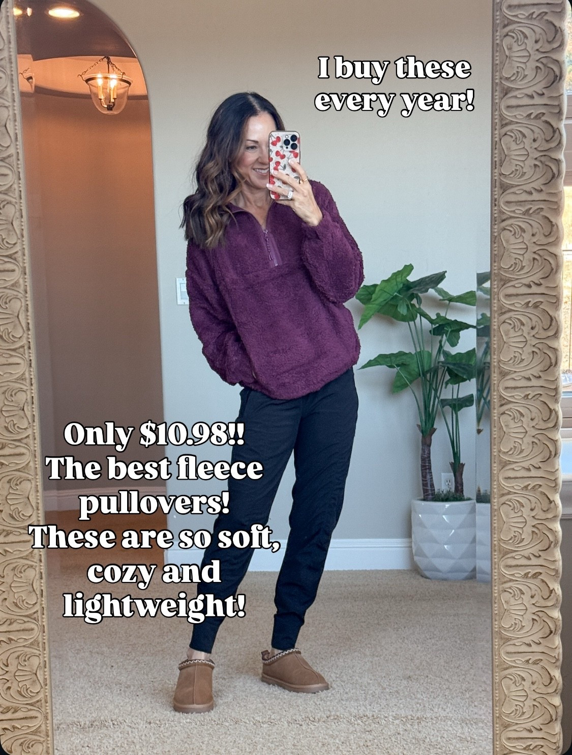 Only $10.98! My favorite fleece pullover every single year! I grab a few of these each year! These run more true to size than last year‘s version. I’m wearing a size small in all except for the cow print which is an extra small. Go with your normal size unless you want an oversized fit.For reference I’m 5’1” tall 109 LBS.
Joggers XS petite. Slippers TTS



#LTKPetite #LTKOver40 #LTKFindsUnder50