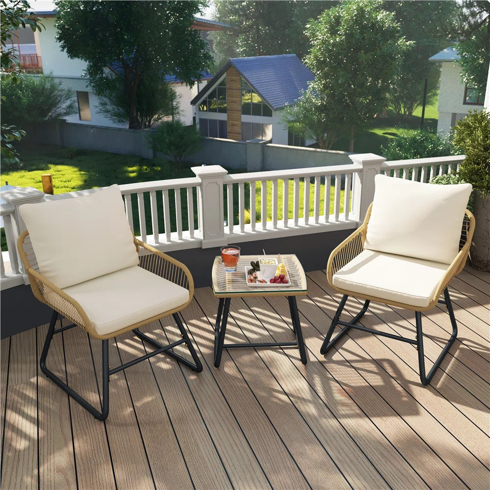 2-Person Patio Bistro Set with Boho Coffee Table & 2 Chairs with Cushions & Pillows | Wayfair North America
