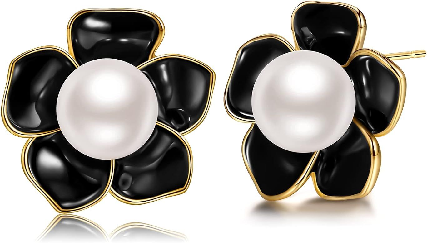 Stud Earings 14K Gold Plated 925 Sterling Silver Post Rose Flower & Pearl Stud Earrings for Women | Amazon (US)