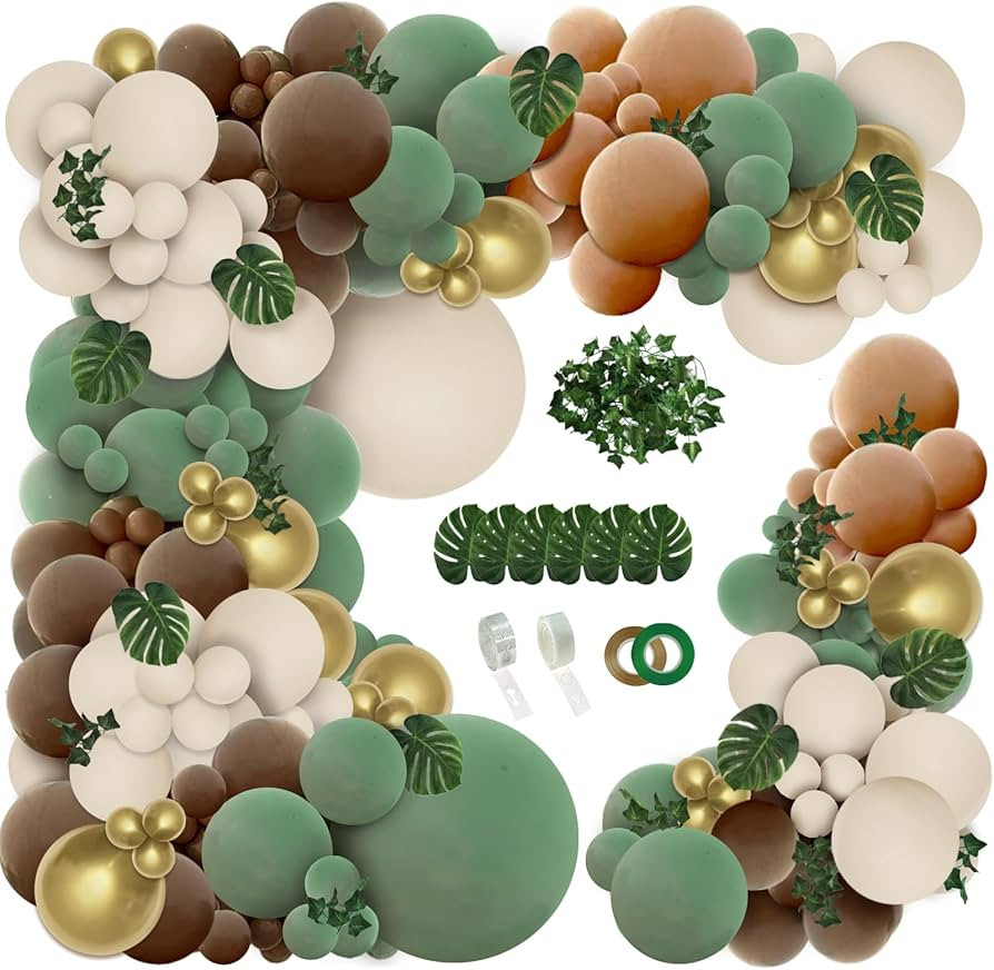 PERPAOL 148pcs Woodland Safari Jungle Wild One Balloon Garland Arch Kit Sage Green and Brown Sand... | Amazon (US)
