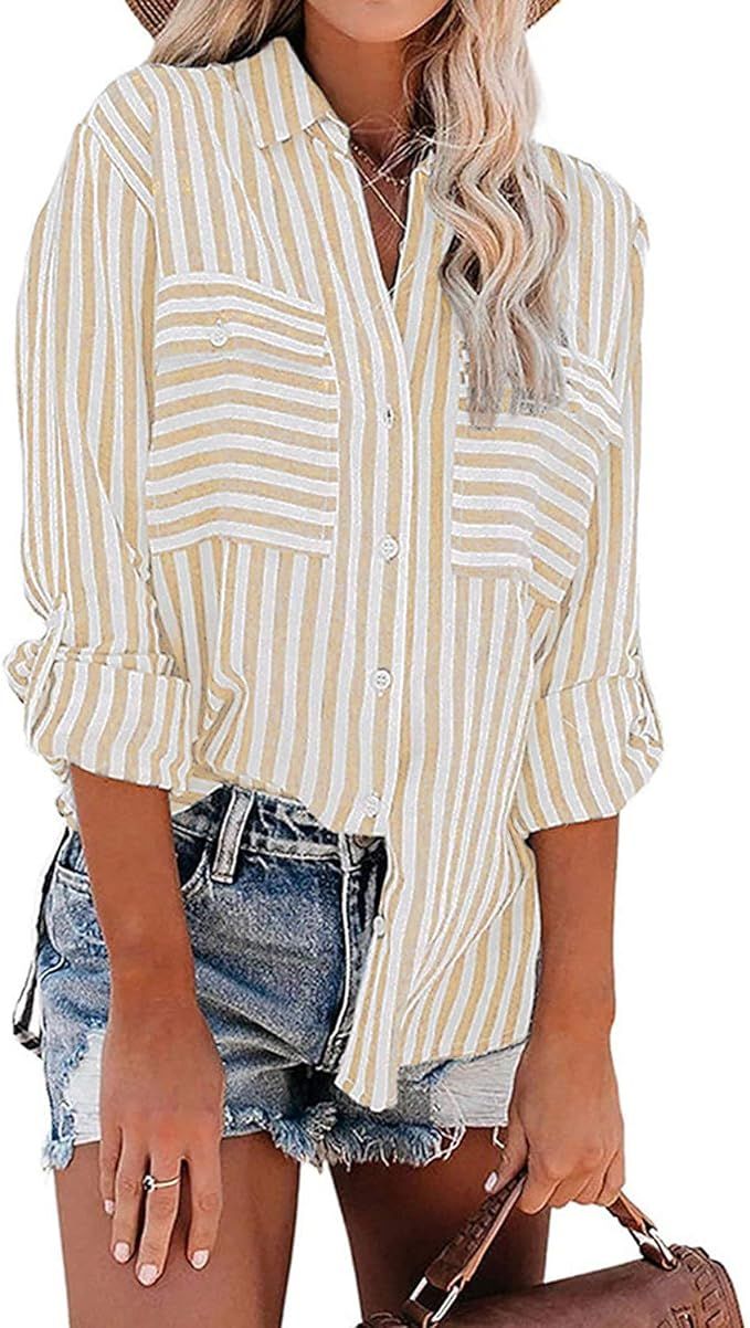 Cisisily Women's Stylish Striped Shirts Casual Cuffed Sleeve V Neck Button Down Blouses Tops with... | Amazon (US)