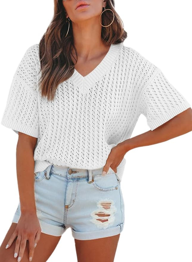 Dokotoo Womens Casual Summer Tops V Neck Short Sleeve Shirts Solid Hollow Out Lightweight Loose F... | Amazon (US)