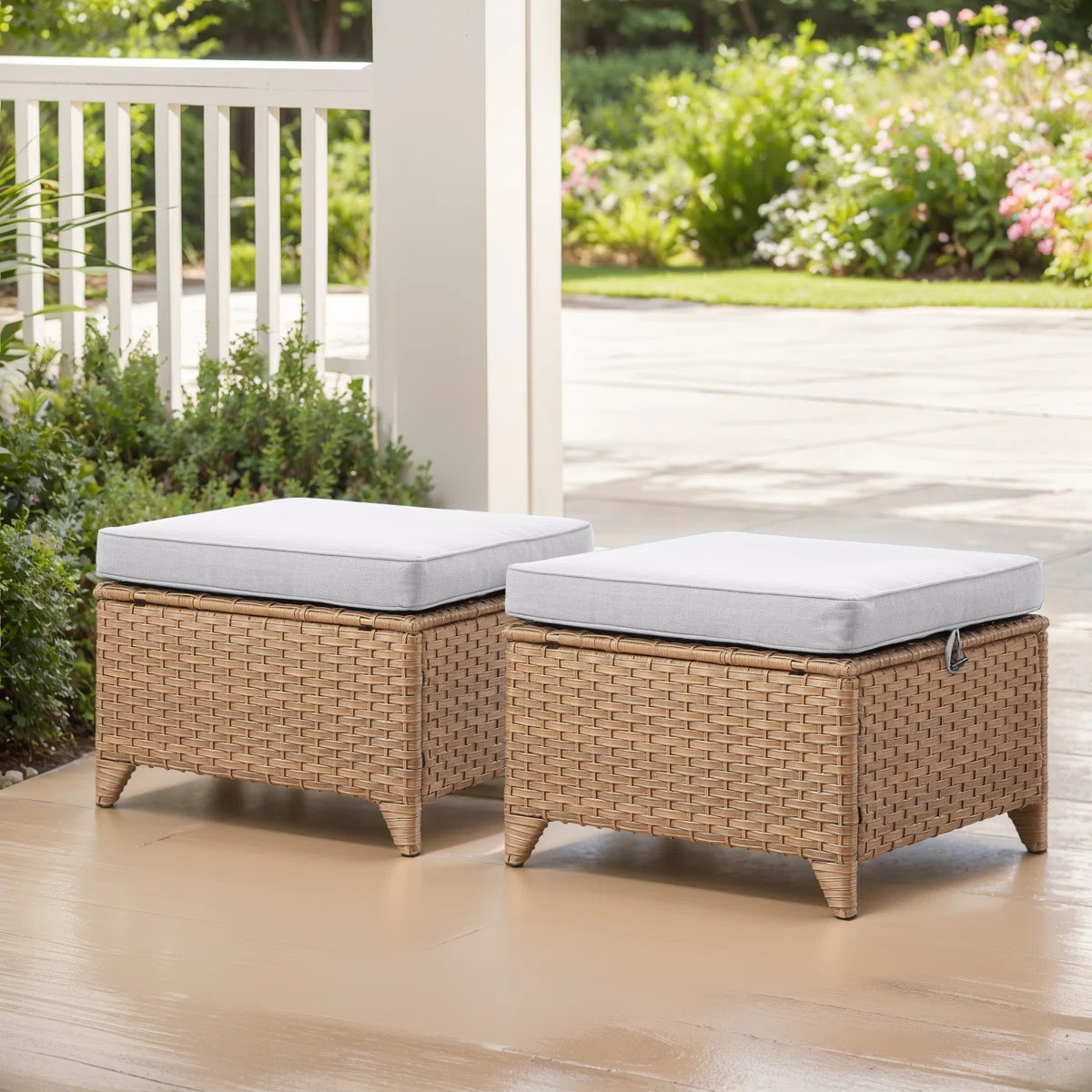 Wicker Outdoor Ottomans for Patio Set of 2 Rattan Footstools w/Removable Cushions (Set of 2) | Wayfair North America