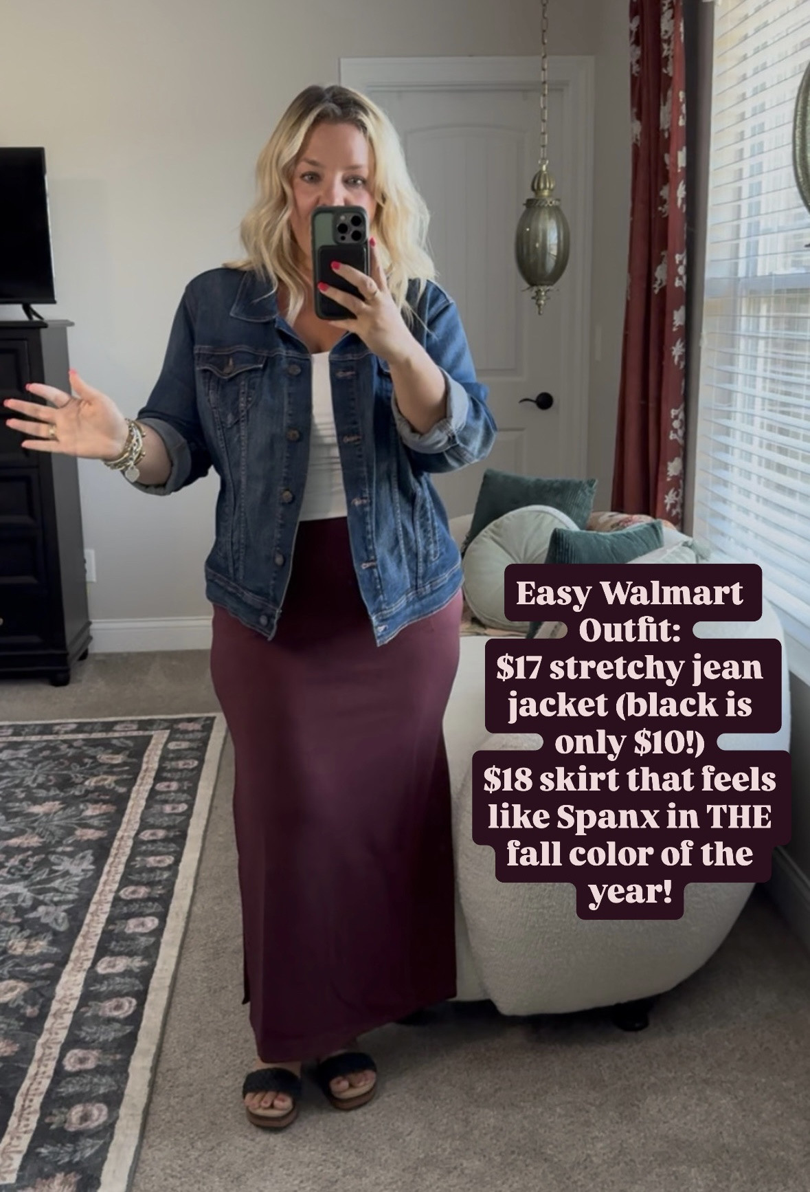 This maxi skirt feels like Spanx & is THE color this fall! Paired with my fa stretchy denim jacket, all from Walmart!

#LTKPetite #LTKOver40 #LTKMidsize