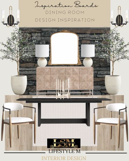 Cabin inspired dining room. Recreate the look at home. Wood upholstered dining chair, white rug, black dining table, white tree planter, faux fake tree, white candle holder, wood console buffet credenza, table lamp, gold brass mirror, stone wall panels, wall sconce light. 

#LTKFind #LTKstyletip #LTKhome