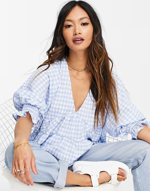 ASOS DESIGN tiered seersucker smock top in blue gingham | ASOS (Global)