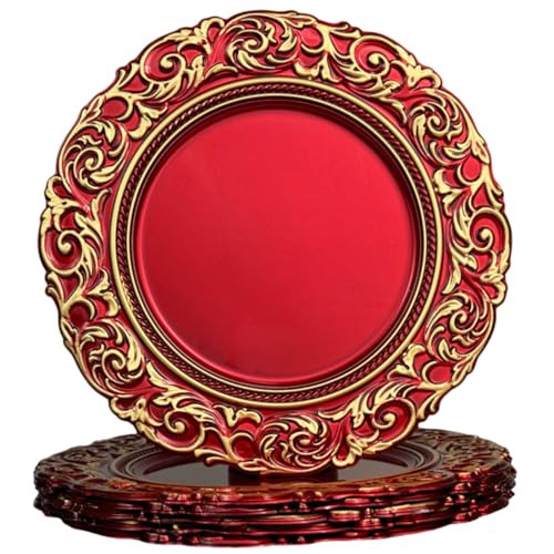Umisriro Red Charger Plates with Gold Embossed Rim, Plate Chargers for Dinner Plates. Set of 6, Plastic Charger for Dinner and Party Table Settings, Christmas, Thanksgiving, | Amazon (US)