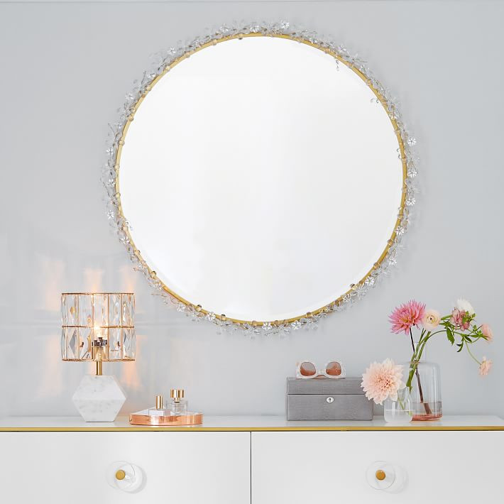 Monique Lhuillier Crystal Flower Framed Round Mirror (36") | Pottery Barn Teen