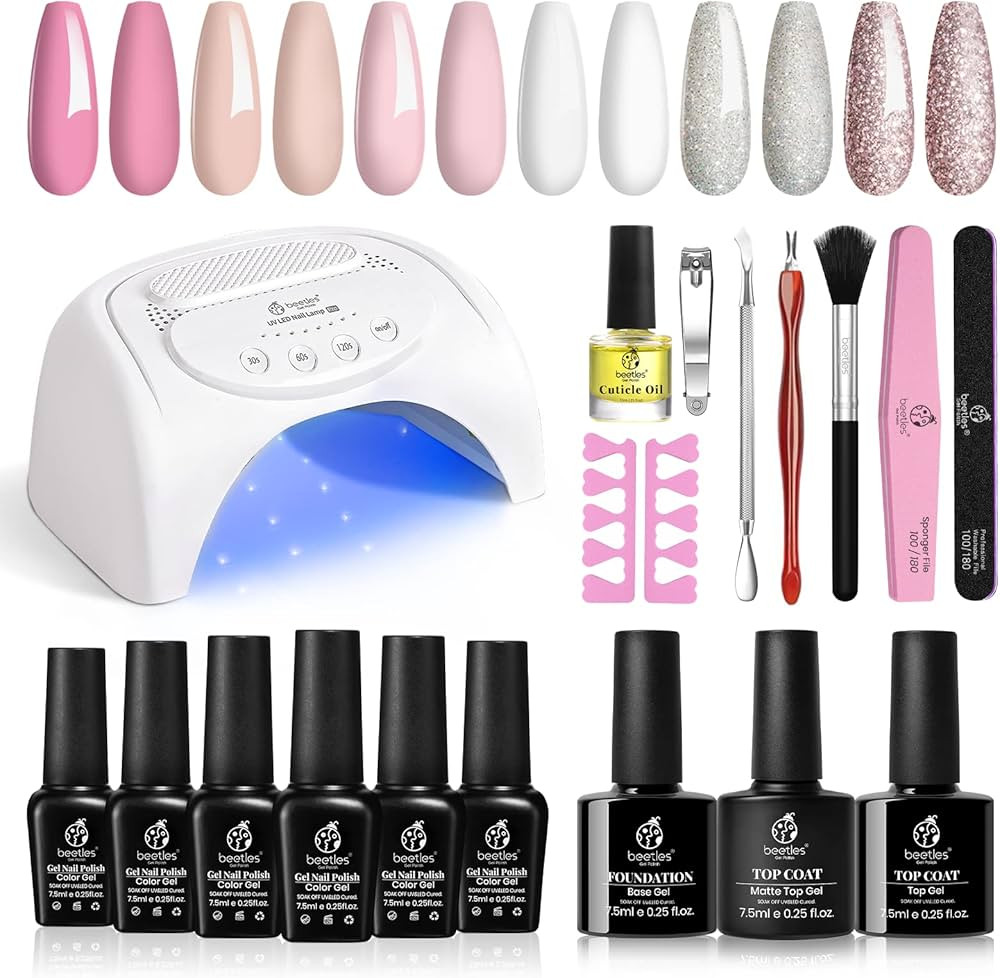 Beetles French White Glitter Gel Nail Polish with U V LED Light Starter Kit，Nude Pink Gel Polis... | Amazon (US)
