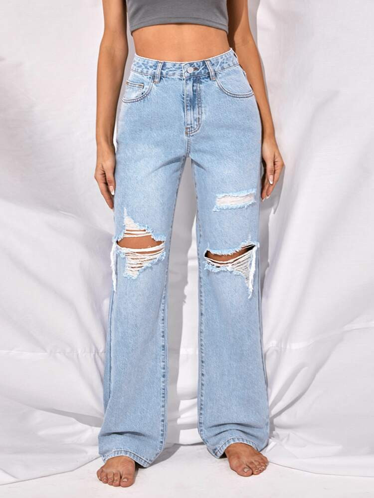 High Waist Ripped Straight Leg Jeans | SHEIN