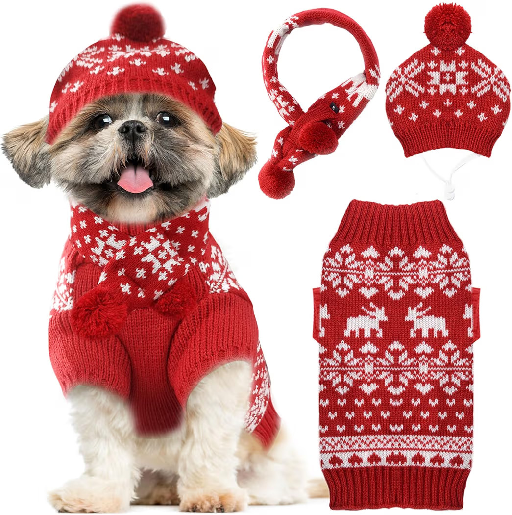 Dog Christmas Outfit 3 PCS Set Pet Xmas Sweater Hat Scarf Snowflake Christmas Dog Cat Sweaters Co... | Amazon (US)