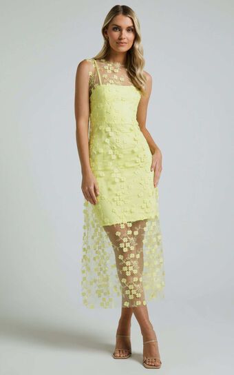 Hazel 3D Flower Net Bodycon Midi Dress in Lemon | Showpo (US, UK & Europe)