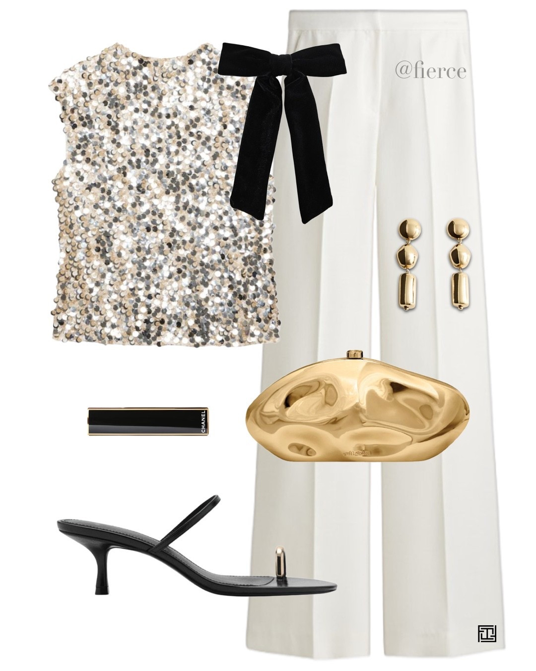 Gold sequin top white trousers gold toe black heeled sandals gold clutch bag black velvet hair bow date night nye party look Christmas party outfit 

#LTKpartywear #LTKdatenight #LTKuk