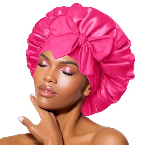 BONNET QUEEN Satin Bonnet Silk Bonnet for Sleeping Hair Bonnet Tie Bonnet for Women with Stretch Band Natural Hair Hot Pink | Amazon (US)
