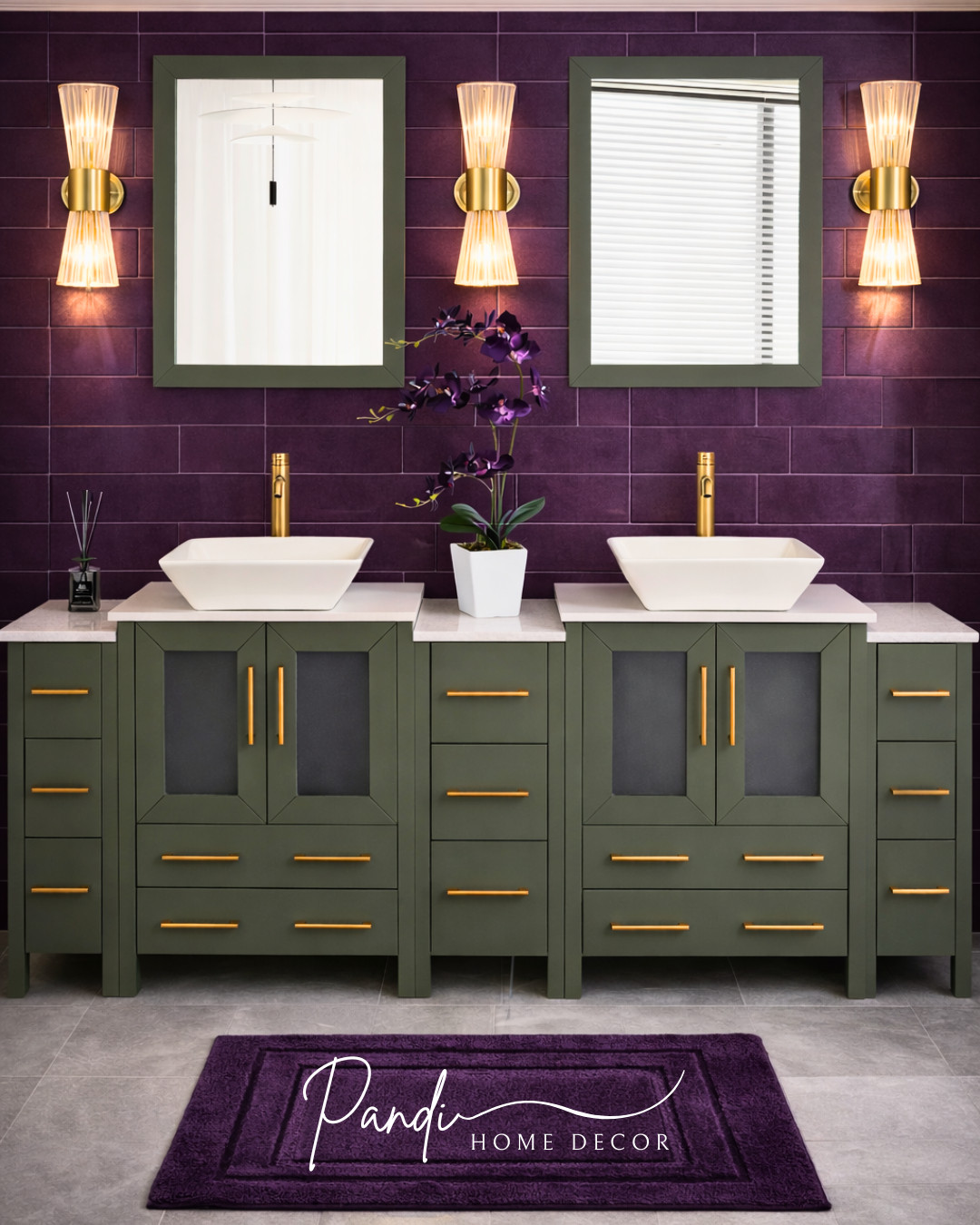Rich plum walls and deep green cabinetry create a bold, luxe bathroom that feels modern and dramatic 💜 Gold accents and warm lighting add the perfect touch of elegance.
#BathroomDecor #DoubleVanity #LuxuryBathroom #BoldInteriors #GoldFixtures #BathroomLighting #ModernBathroom #HomeDecor 

 #LTKHome