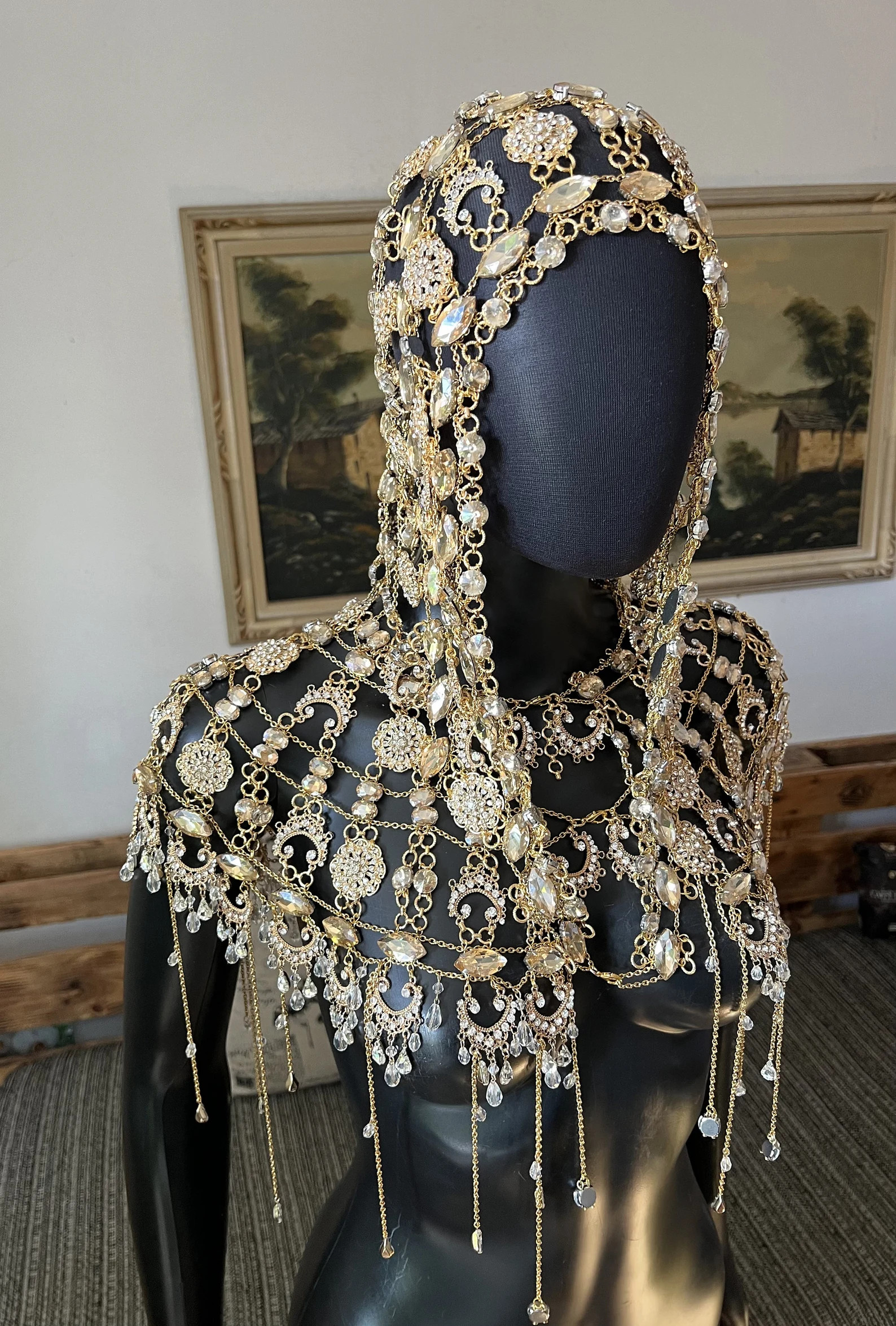 Gold Crystal Hooded Body Armor~ Elven Shoulder Chain Jewelry & Rhinestone Headpiece for Festival,... | Etsy (Global)