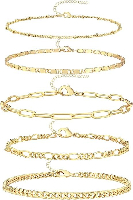 Dainty Gold Chain Bracelets Set for Women 14K Real Gold Plated Link Chain Bracelets for Women Tre... | Amazon (US)
