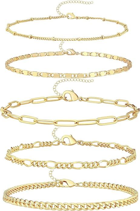 Gokeey Reoxvo Dainty Gold Chain Bracelets Set for Women 14K Real Gold Plated Link Chain Bracelets... | Amazon (US)