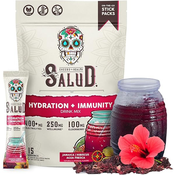 Salud 2-in-1 Hydration Packets + Immunity Electrolytes Powder, Guava - Guayaba Agua Fresca Drink Mix, Elderberry, Dairy & Soy Free, Non-GMO, Gluten Free, Vegan, Low Calorie, 1g Sugar (15 Servings) | Amazon (US)
