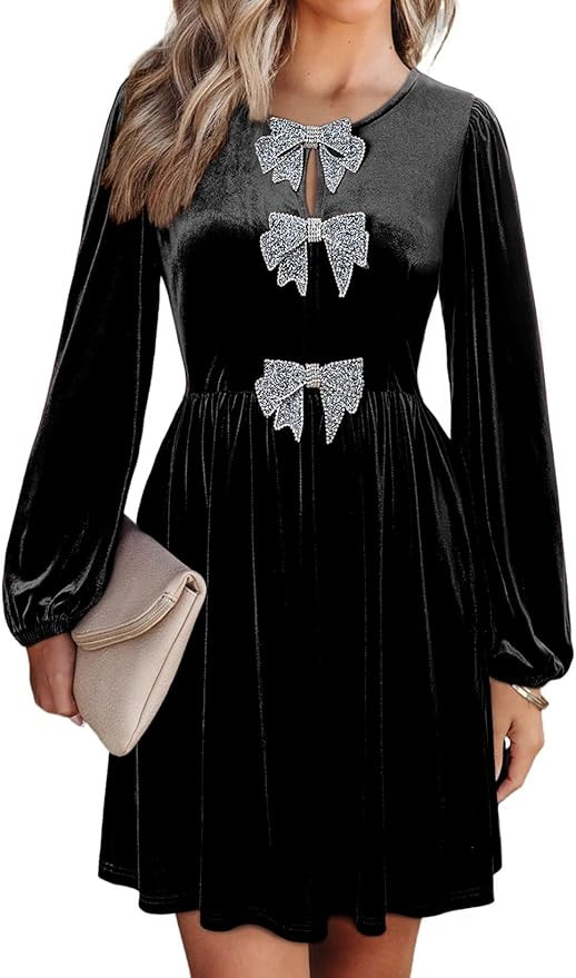 Happy Sailed Womens Velvet Dress Fall Winter Long Sleeve Front Bowknot High Waisted A Line Cockta... | Amazon (US)