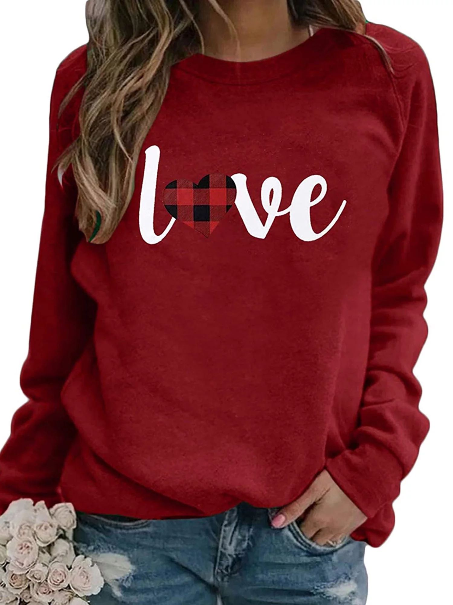 FeMereina Women’s Valentines Pullover Sweatshirt Heart or Letter Printing Round Neck Sweater | Walmart (US)