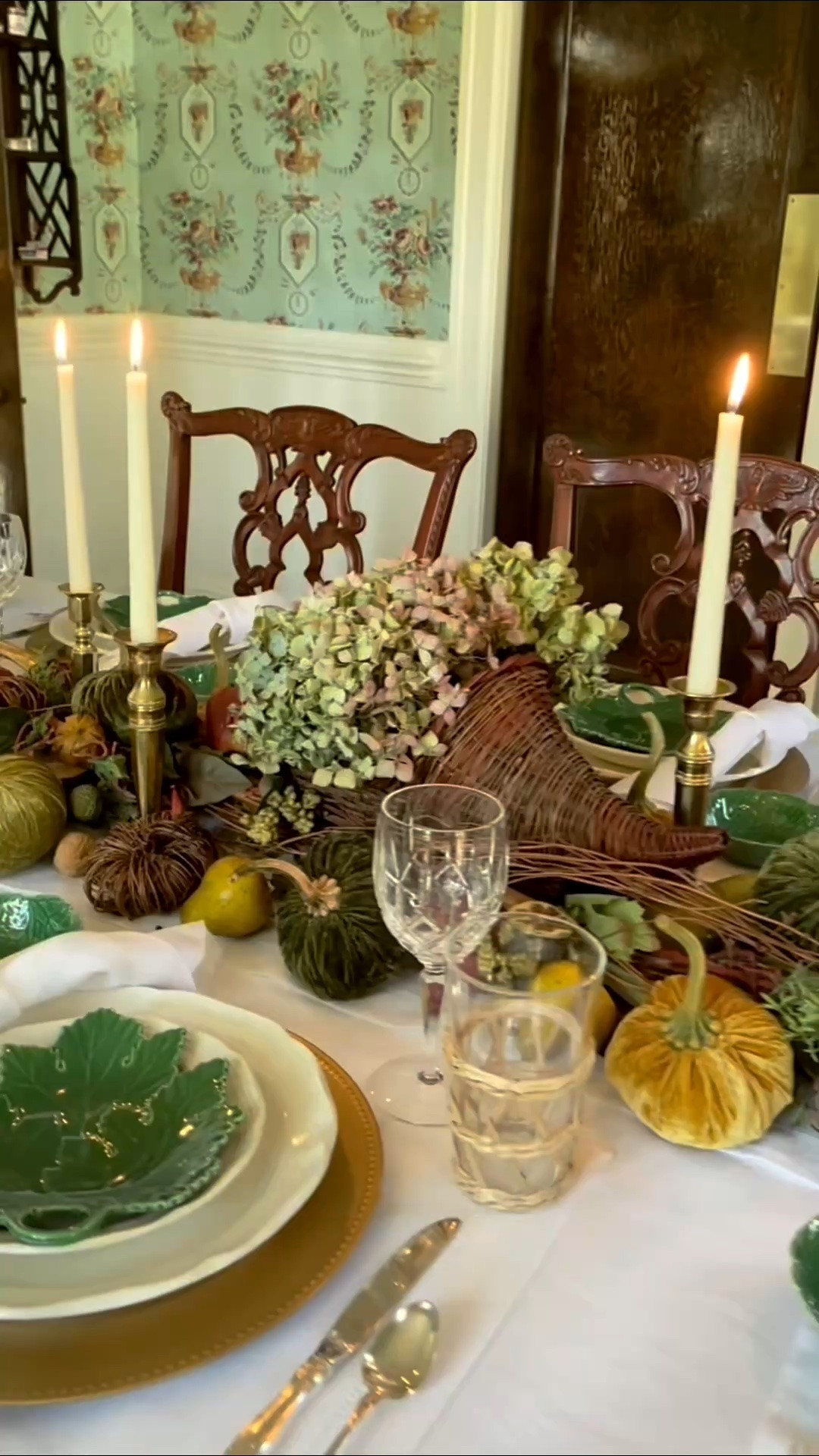 One of my favorite fall tables from our previous home. 🍂 I layered a wicker cornucopia and dried hydrangeas over twig swags, then tucked in velvet pumpkins, fruit, and candlesticks. Green leaf dishes and crystal finished the look.

I’ve linked the pieces I could find, along with similar options to help you recreate this autumn tablescape. 🍂

#LTKSeasonal #LTKHome