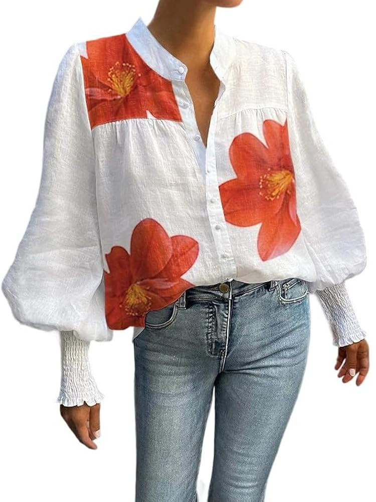 UOOZEE Women's Smocked Cuffed Long Puff Sleeve Loose Fit Dressy Casual Blouses Shirts Contrast St... | Amazon (US)