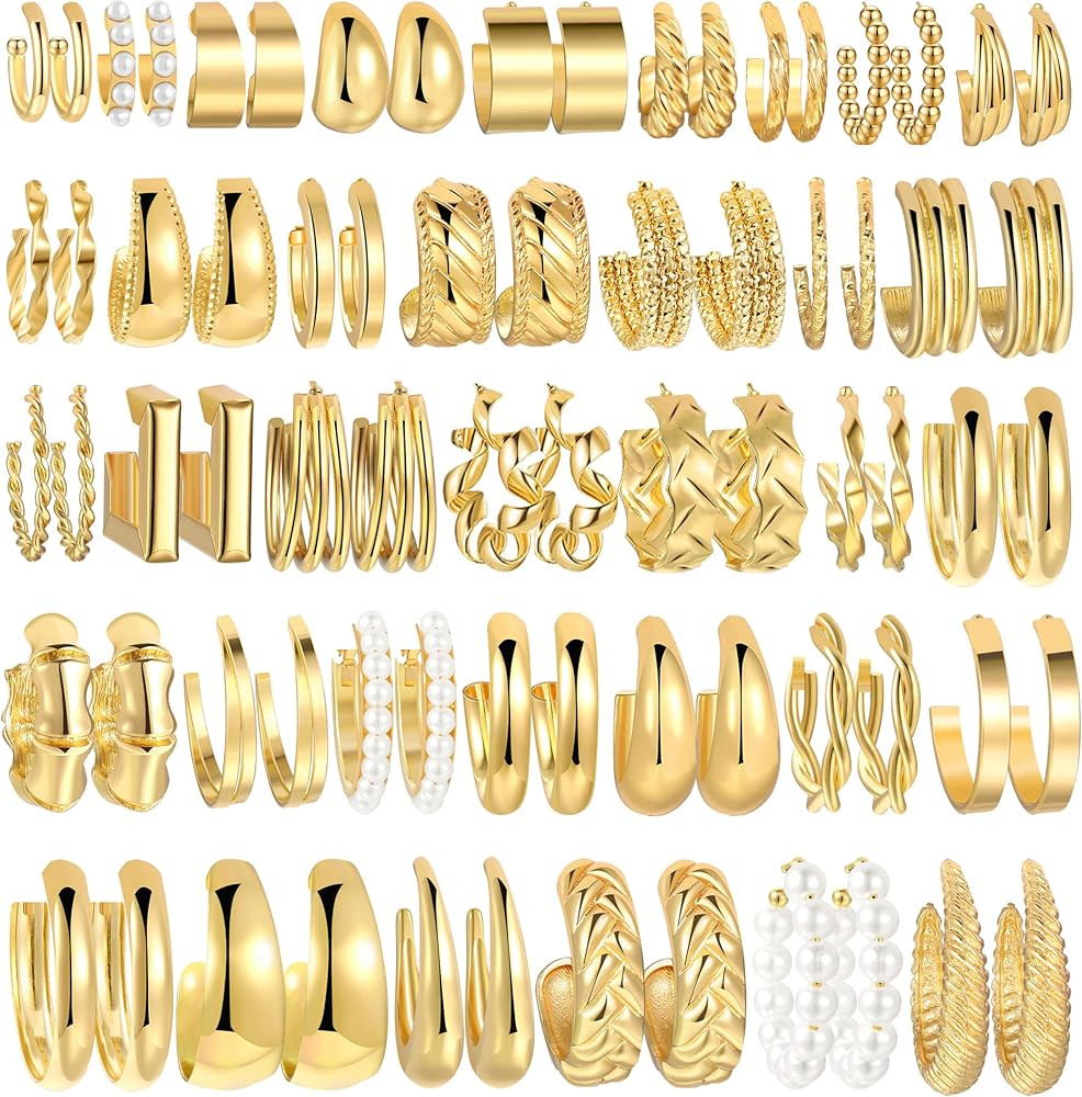 36 Pairs Gold Hoop Earrings Set for Women, Fashion Chunky Gold Hoop Earrings Multipack, Hypoaller... | Amazon (US)