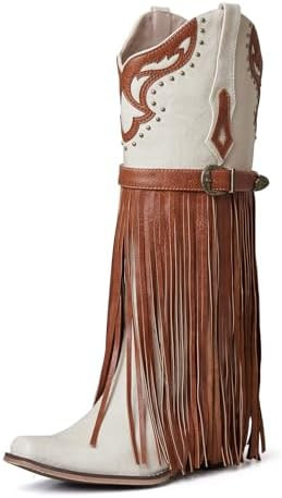 Women's Western Bootie, Fashion Pointed Toe, Chunky Heel, Embroidered, Fringe, Pull-On, Mid Calf ... | Amazon (US)