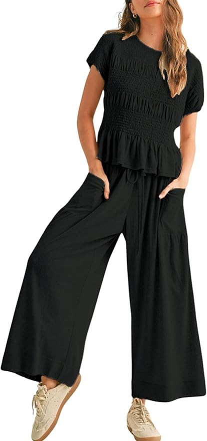 Yeokou Women 2 Piece Matching Lounge Sets Short Sleeve Smocked Top Drawstring Wide Leg Pants Casu... | Amazon (US)
