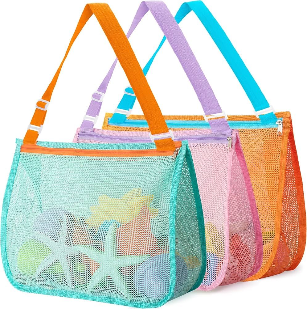 3 Pack Large Beach Shell Bags for Kids, 12.6"x9.8" Beach Mesh Bags for Collecting Shell and Sand ... | Amazon (US)