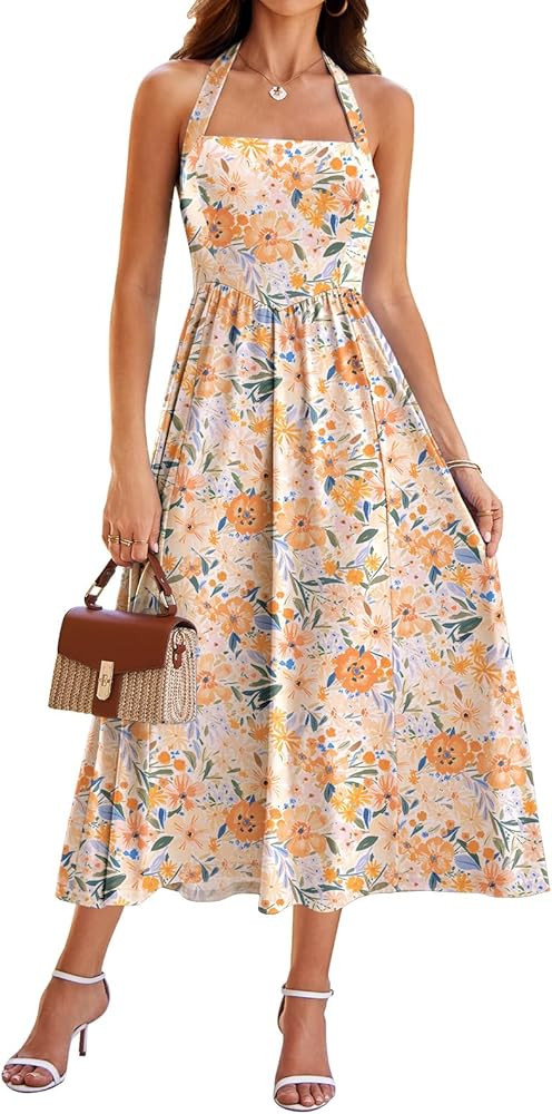 Sureple Women's Summer Halter Midi Dress with Pockets Sleeveless Drop Waist Swing Aline Flowy Bea... | Amazon (US)