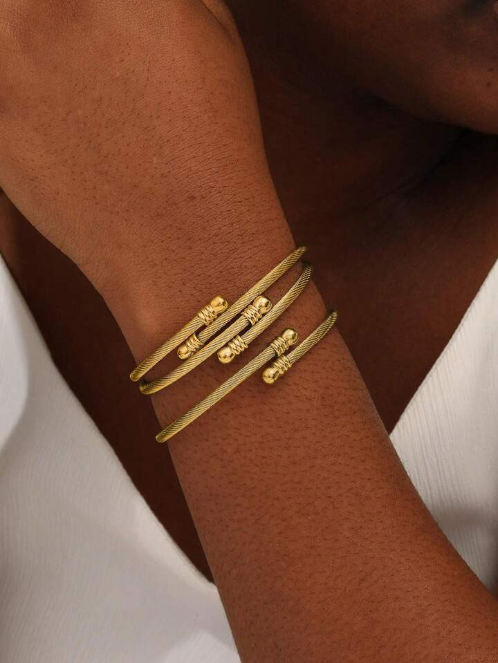 3pcs/set European And American Fashionable Titanium Steel Open Bangle For Women, Simple Minimalis... | SHEIN