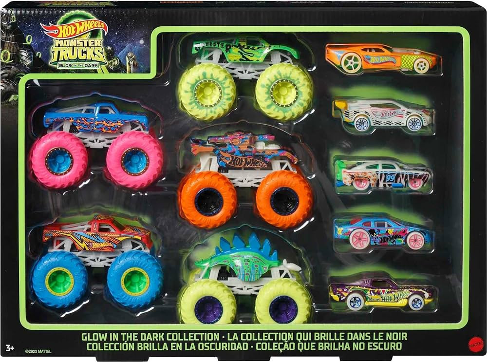 Hot Wheels Toy Monster Trucks 10-Pack, Set of 5 Glow in The Dark 1:64 Scale Trucks & 5 GITD 1:64 ... | Amazon (US)